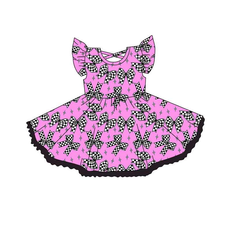 Preorder (moq 5)Baby Girls Pink Flutter Sleeves Plaid Bows Stars Knee Length Dress