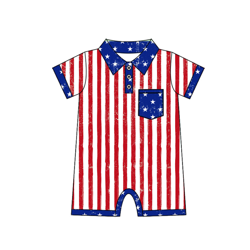 Preorder(moq 5)Baby Infant Boys 4th Of July Stripes Pocket Rompers