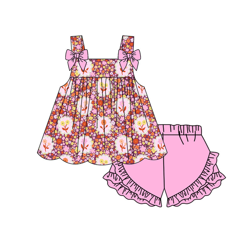 Preorder moq 5 Baby Girls Strap Colorful Floral Tunic Ruffle Shorts Clothes Set