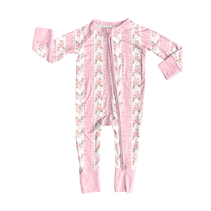 Preorder(moq 5)Baby Infant Girls Long Sleeves Pink Flowers Stripe Zipper Rompers