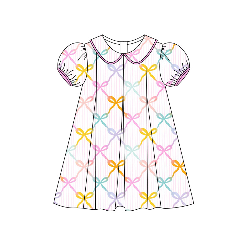 Preorder (moq 5)Baby Girls Short Ruffle Sleeves Colorful Bows Knee Length Dress