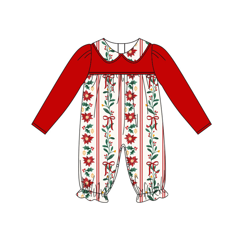 Preorder (moq 5)Baby Girls Red Long Sleeves Flowers Bows Stripe Ruffle Pant Rompers