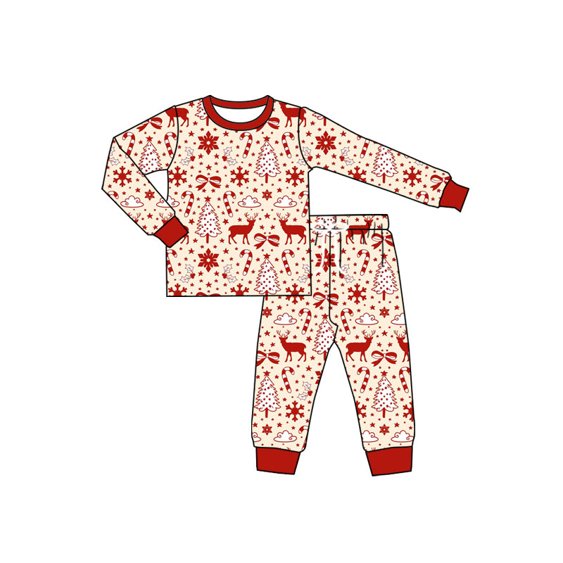 Preorder (moq 5)Baby Girls Long Sleeves Red Snowflake Deer Candy Cane Top Pant Pajamas Set