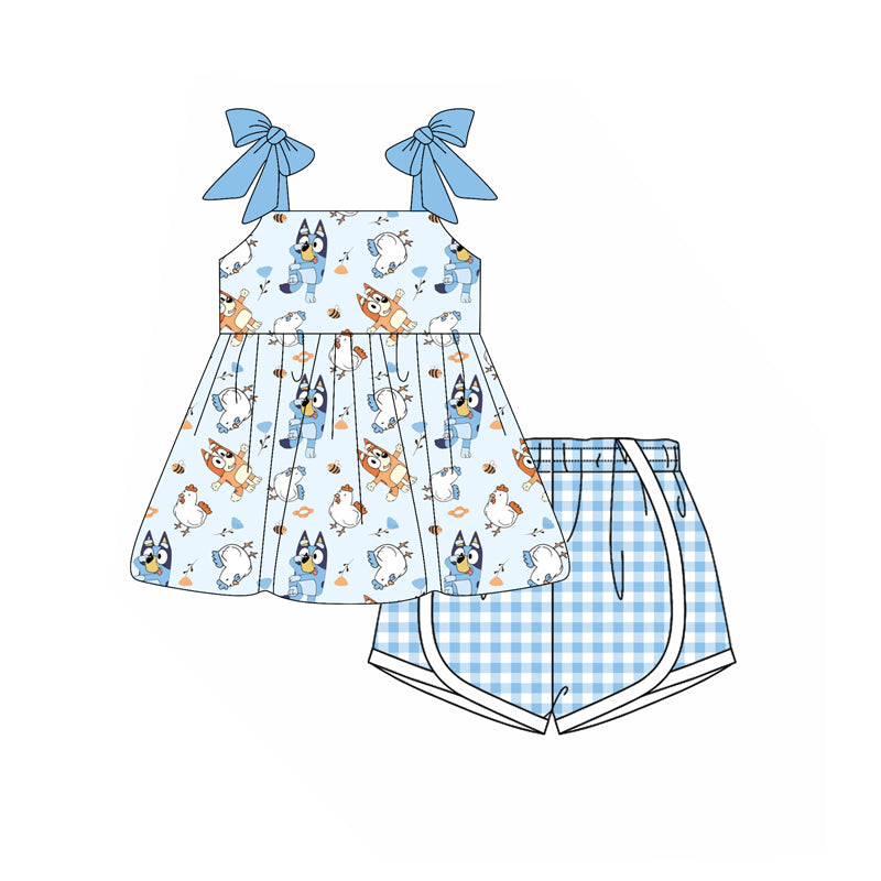 Preorder moq 5 Baby Girls Blue Strap Cartoon Dogs Tunic Plaid Short Set