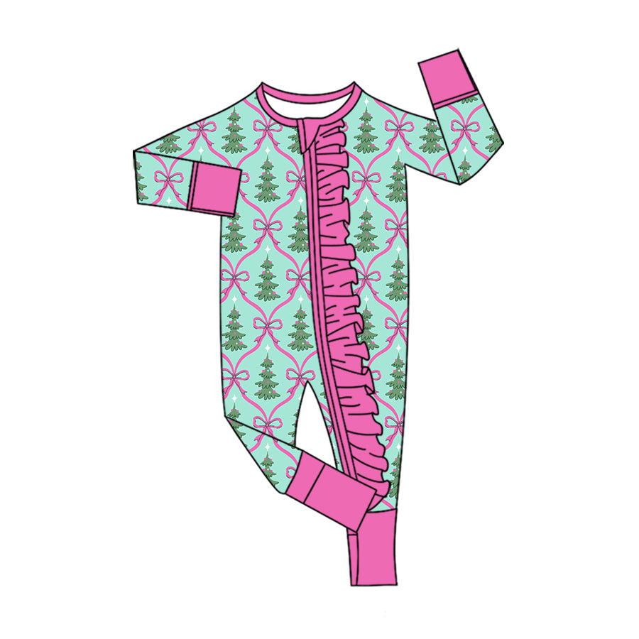 Preorder (moq 5)Baby Girls Bow Trees Christmas Two Way Ruffle Zip Convertible Rompers
