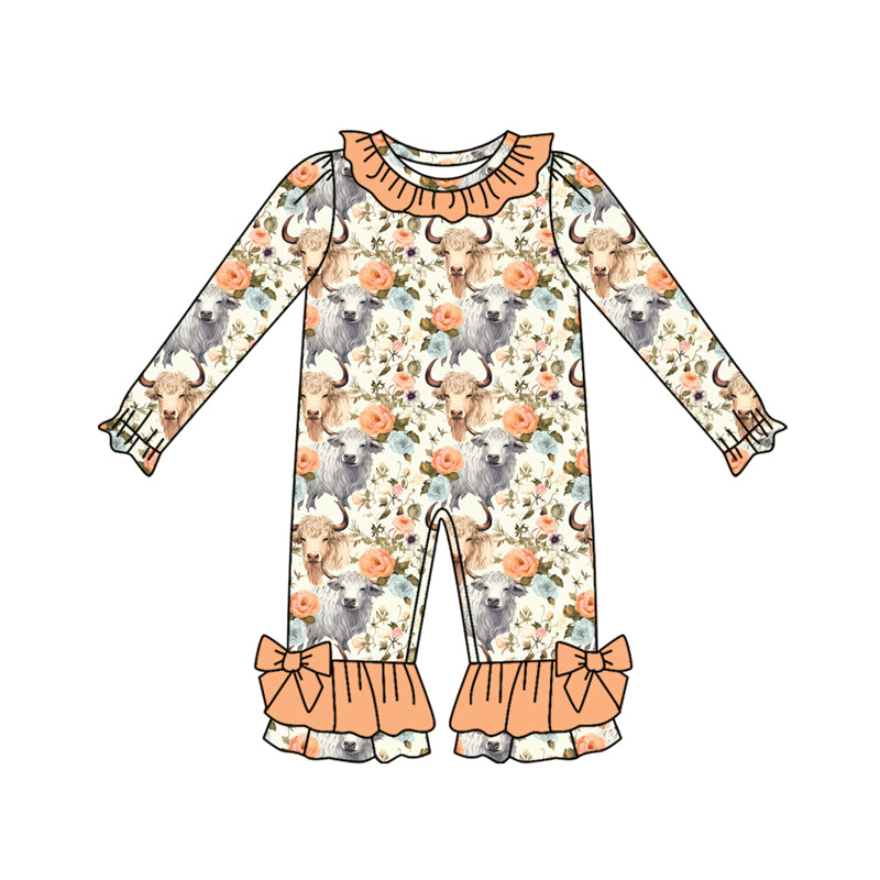 Preorder(moq 5)Baby Infant Girls Highland Cows Flowers Ruffle Pant Rompers