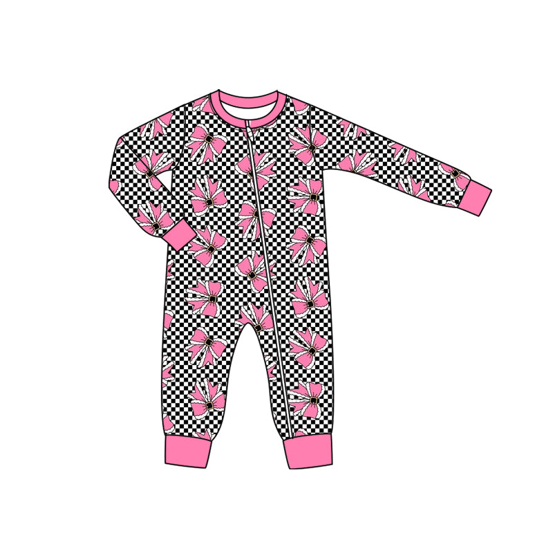 Preorder (moq 5)Baby Girls Long Sleeves Black Plaid Pink Bows Zipper Romper