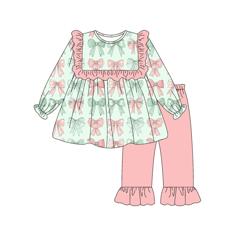 Preorder(moq 8)Baby Girls Pink Green Bows Stripe Tunic Ruffle Pants Clothes Sets