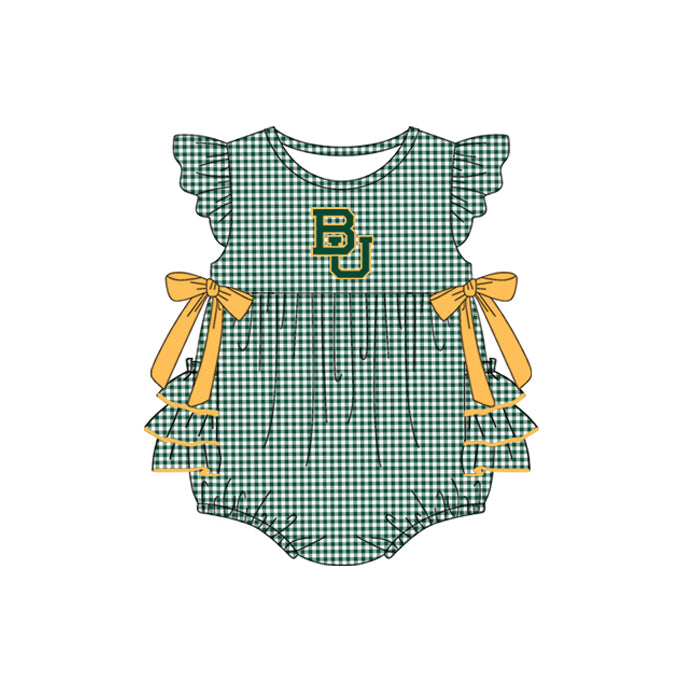 Preorder moq 5 Baby Girls Green Plaid Flutter Sleeves Bows BU Team Rompers