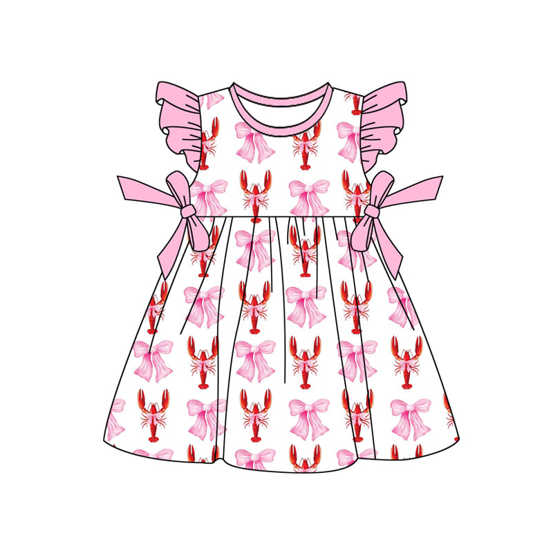 Preorder (moq 5)Baby Girls Pink Crawfish Bows Knee Length Dresses