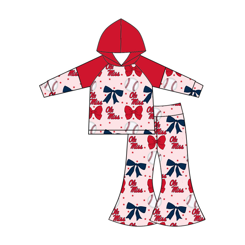 Preorder (moq 5)Baby Girls Long Sleeves Baseballs Bows Ole Miss Hoodie Top Bell Bottom Pant Team Set