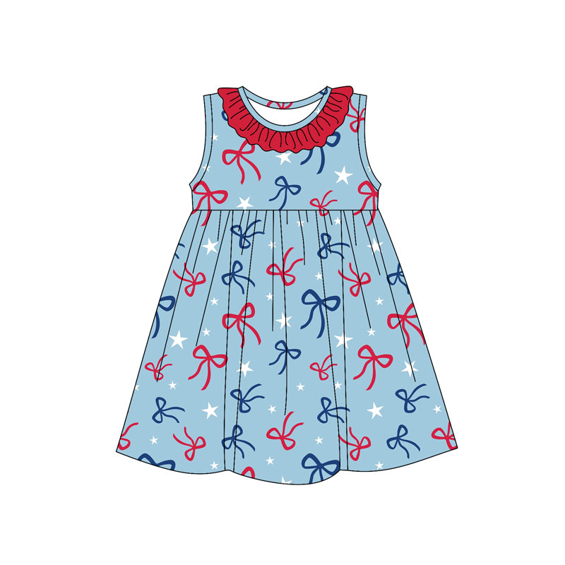 Preorder (moq 5)Baby Girls Red Blue Sleeveless Bows Round Collar 4th Of July Knee Length Dresses