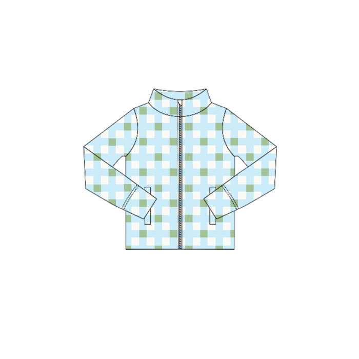 Preorder (moq 5)Baby Girls Long Sleeves Aqua Plaid Zipper Pockets Jackets Top