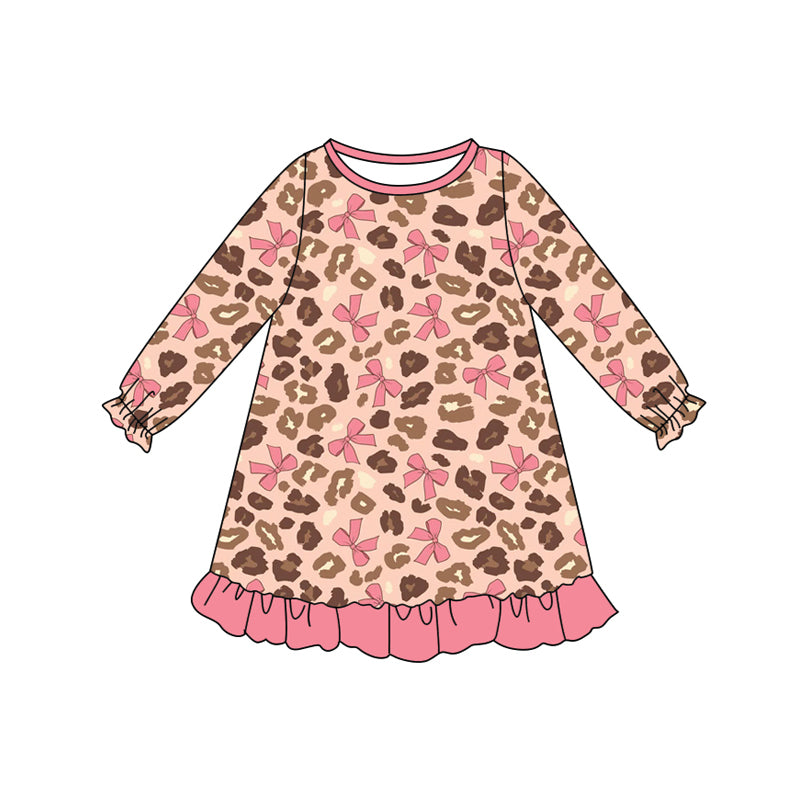 Preorder (moq 5)Baby Girls Long Ruffle Sleeves Pink Bows Leopard Knee Length Dresses