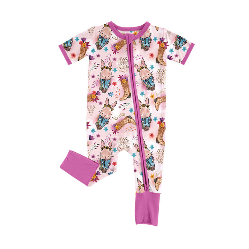 Preorder (moq 8)Baby Girls Rabbits Boots Flowers Easter Zipper Footie Rompers