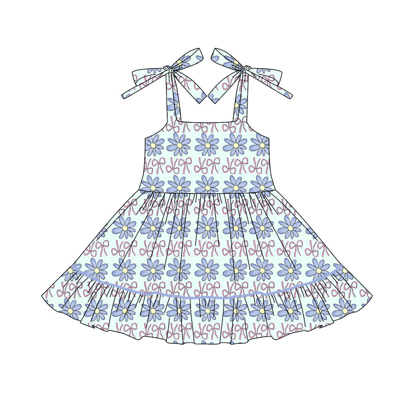 Preorder (moq 5)Baby Girls Blue Strap Daisy Bows Ruffle Knee Length Dresses