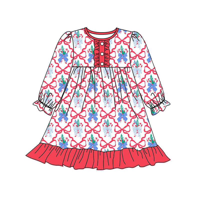 Preorder (moq 5)Baby Girls Long Ruffle Sleeves Red Bows Candy Cane Button Knee Length Dresses