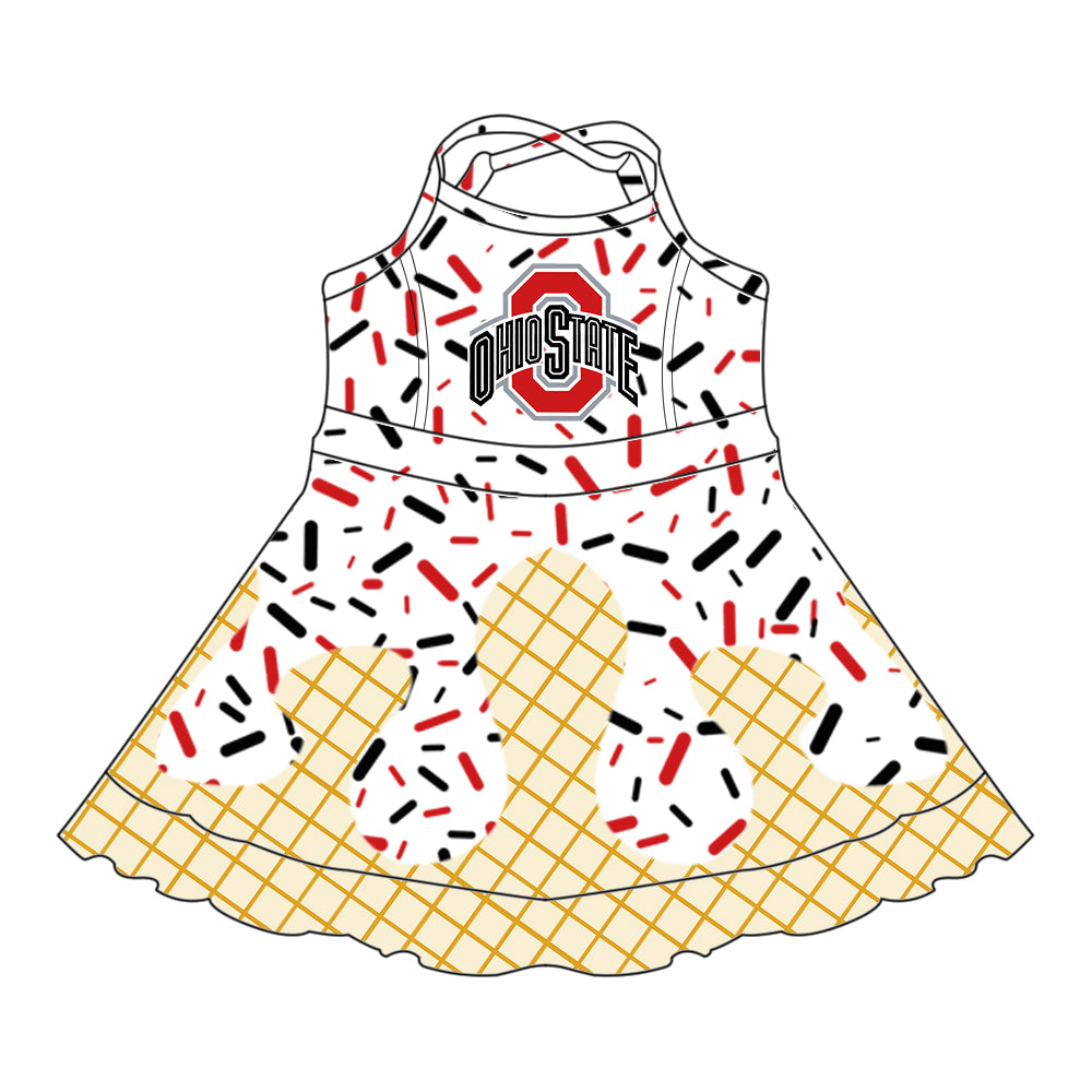 Preorder (moq 5)Baby Girls Strap Ohiostate Drip Shorts Ruffle Team Knee Length Dresses