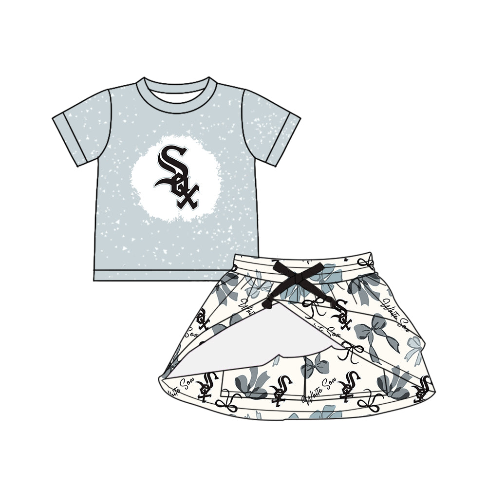 Preorder (moq 5)Baby Girls Short Sleeves Black SOX Top Bows Plaid Skorts Team Set
