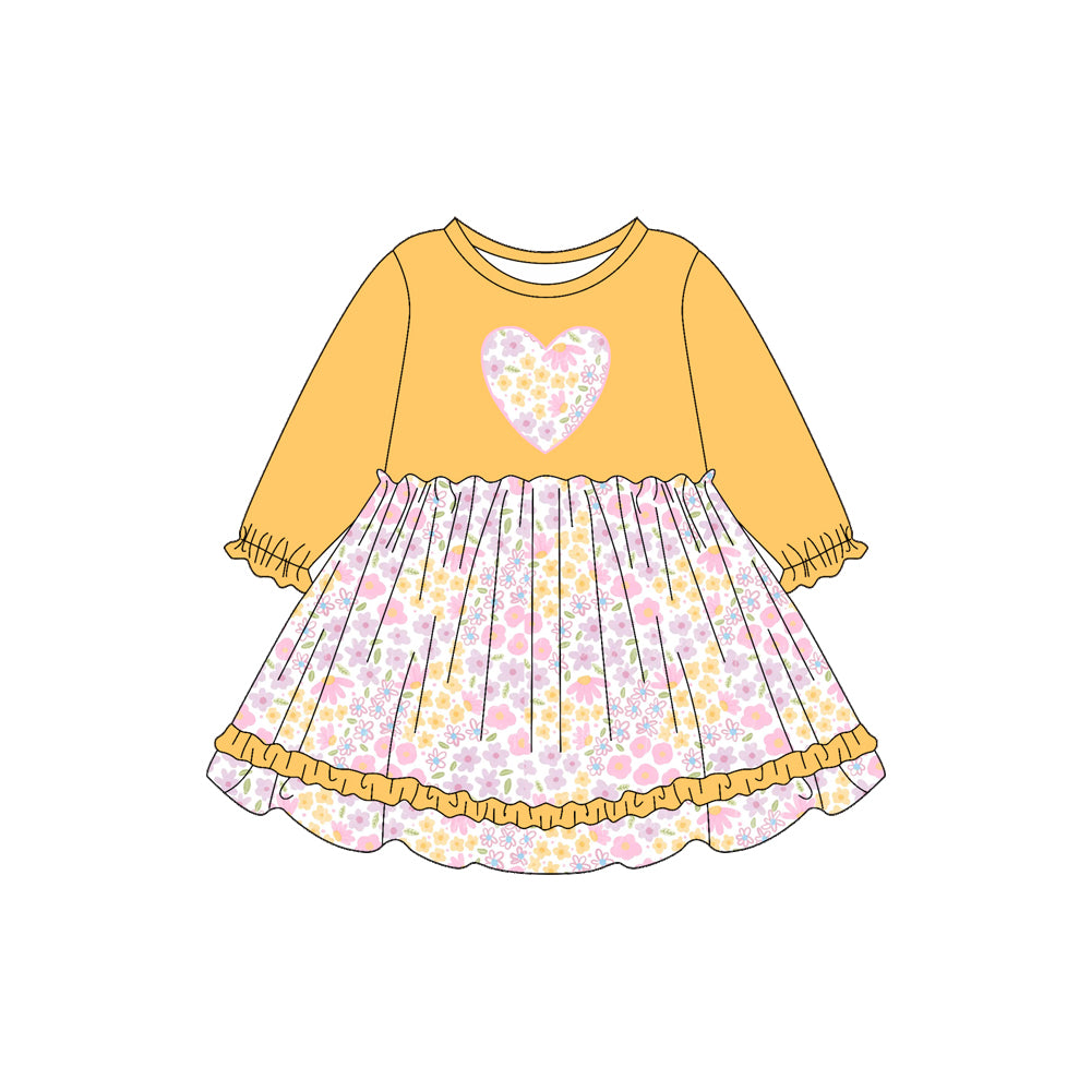 Preorder (moq 5)Baby Girls Yellow Long Ruffle Sleeves Floral Print Hearts Knee Length Dresses
