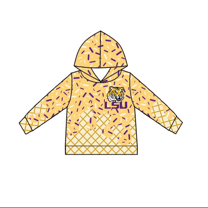 Preorder (moq 5)Baby Boys Yellow Drip Tiger LSU Team Long Sleeves Hoodies Top