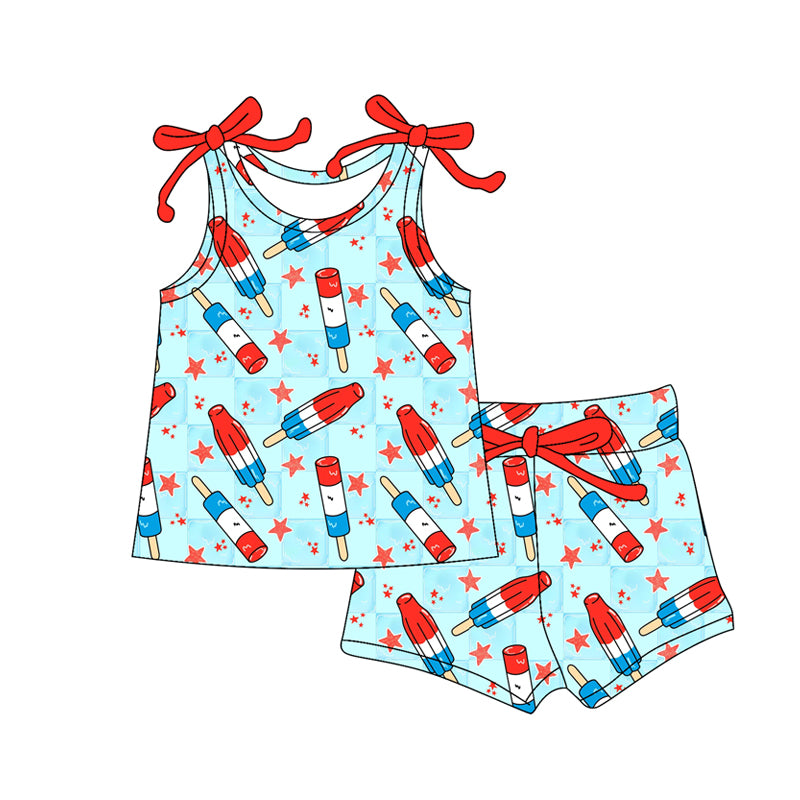 Preorder moq 5 Baby Girls Bows Sleeveless Stars Popsicle Top Short 4th Of July Set