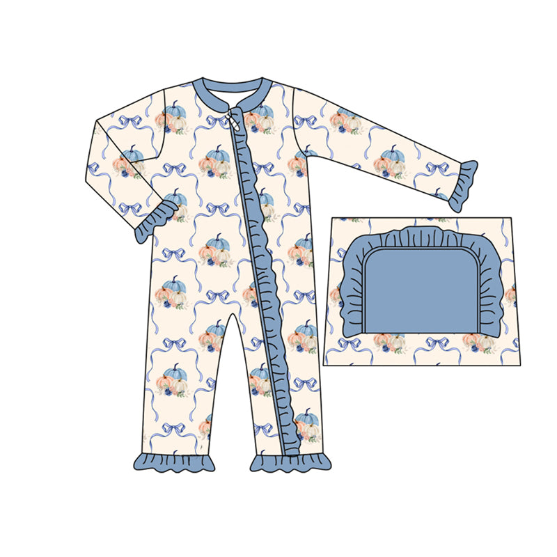 Preorder moq 5 Baby Infant Girls Long Sleeves Blue Bows Pumpkins Plaid Ruffle Zipper Romper