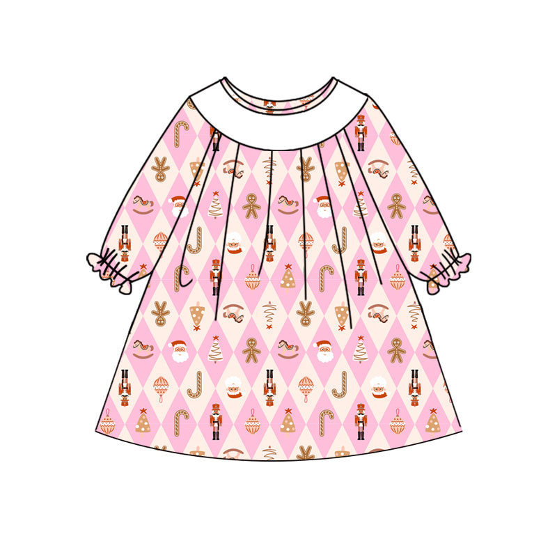 Preorder (moq 5)Baby Girls Pink Long Ruffle Sleeves Trees Gingerbread Knee Length Dresses