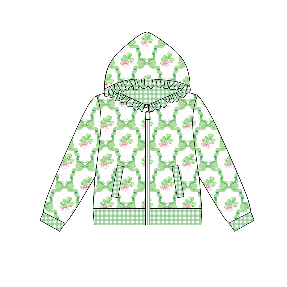 Preorder (moq 5) Baby Girl Clothes Green Clover Bow Plaid Print Long Sleeve Ruffle Zip Hooded Jacket