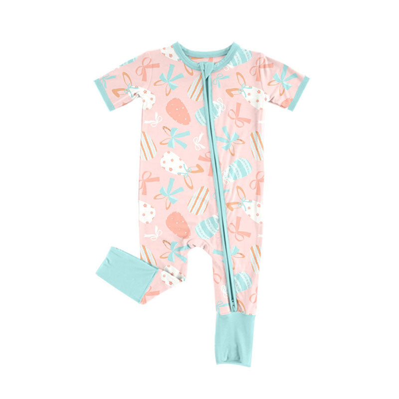Preorder (moq 5)Baby Boys Bows Eggs Easter Zipper Footie Rompers