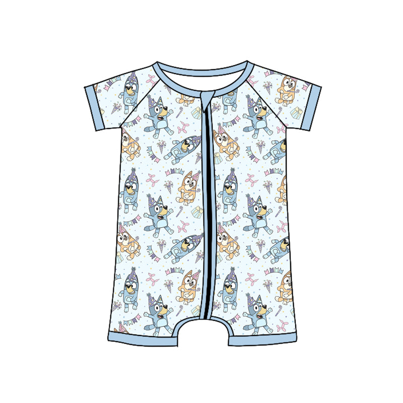 Preorder(moq 5)Baby Infant Boys Blue Dogs Birthday Zip Rompers