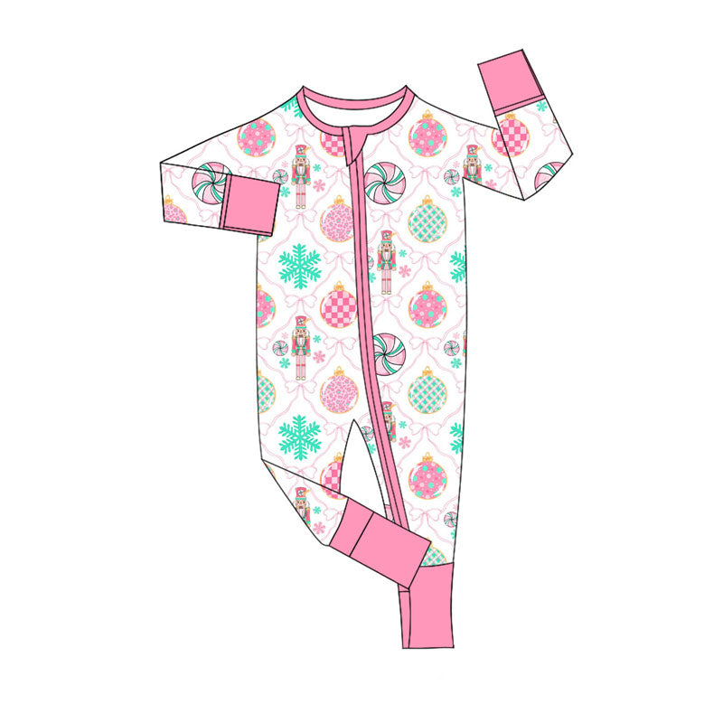 Preorder (moq 5)Baby Girls Pink Bows Soldiers Christmas Zipper Footie Rompers