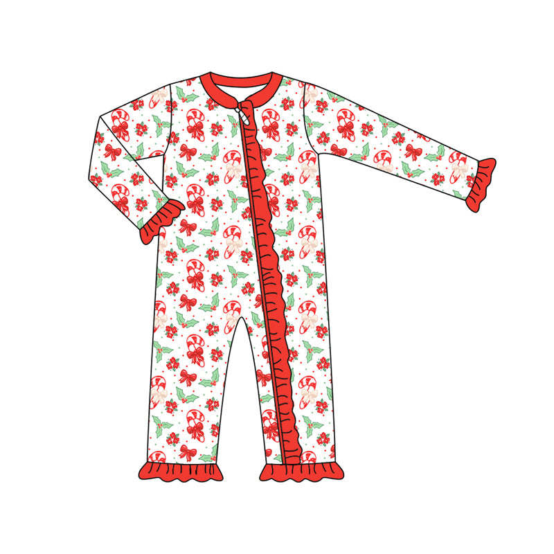 Preorder (moq 5)Baby Girls Long Sleeves Red Holly Bows Candy Cane Ruffle Zipper Romper