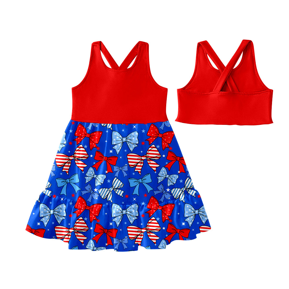Preorder (moq 5)Baby Girls Sleeveless Red Blue Bows Stars Patchwork 4th Of July Knee Length Dress
