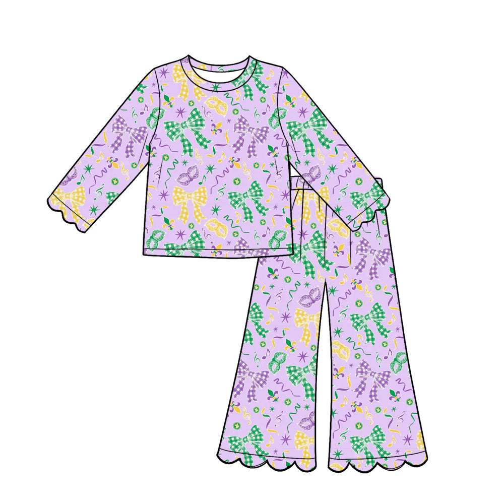 Preorder (moq 5) Girl clothes Purple Spring Bow Mardi Gras Long Sleeve Round Neck Scalloped Flare Pants 2‑Piece Outfit Set