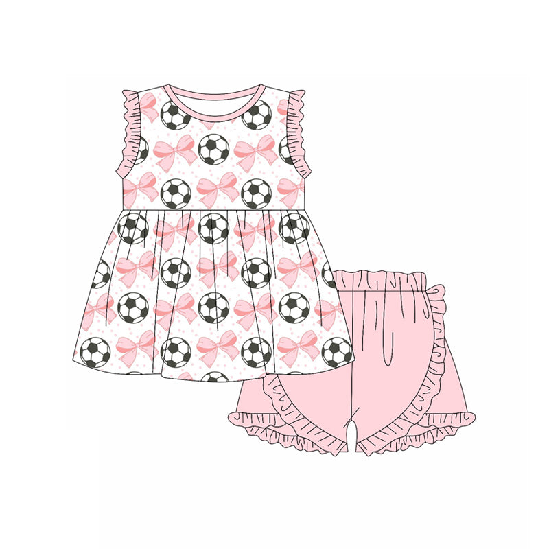 Preorder (moq 5)Baby Girls Pink Sleeveless Bows Footballs Tunic Ruffle Shorts Set