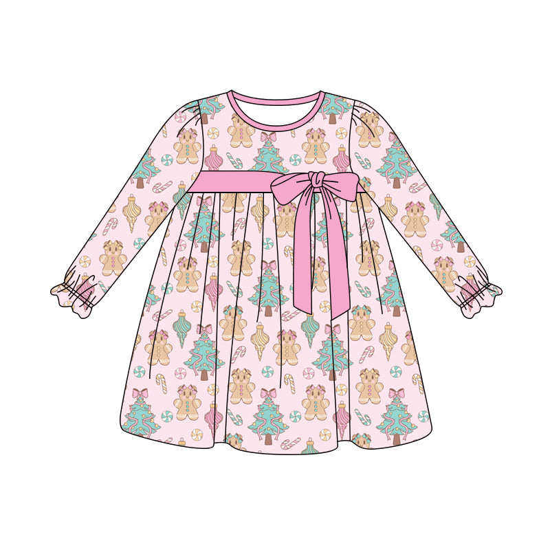 Preorder (moq 5)Baby Girls Pink Long Ruffle Sleeves Trees Gingerbread Knee Length Dresses