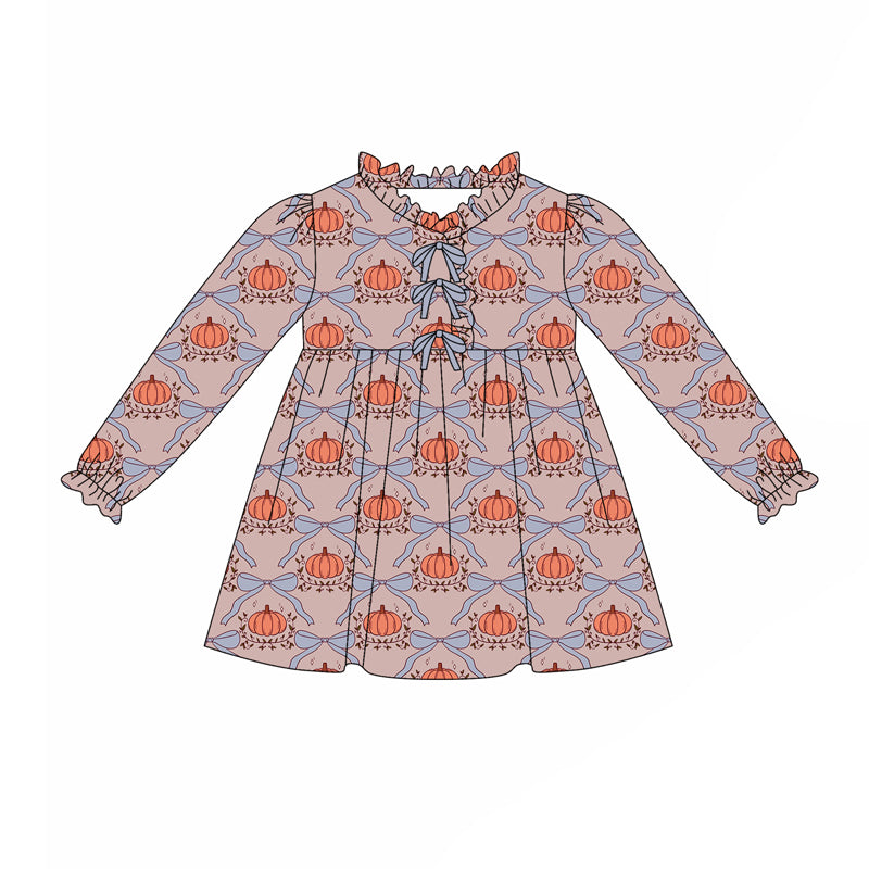 preorder(moq 5) Baby Girls Long Ruffle Sleeves Bows Pumpkins Plaid Knee Length Dresses