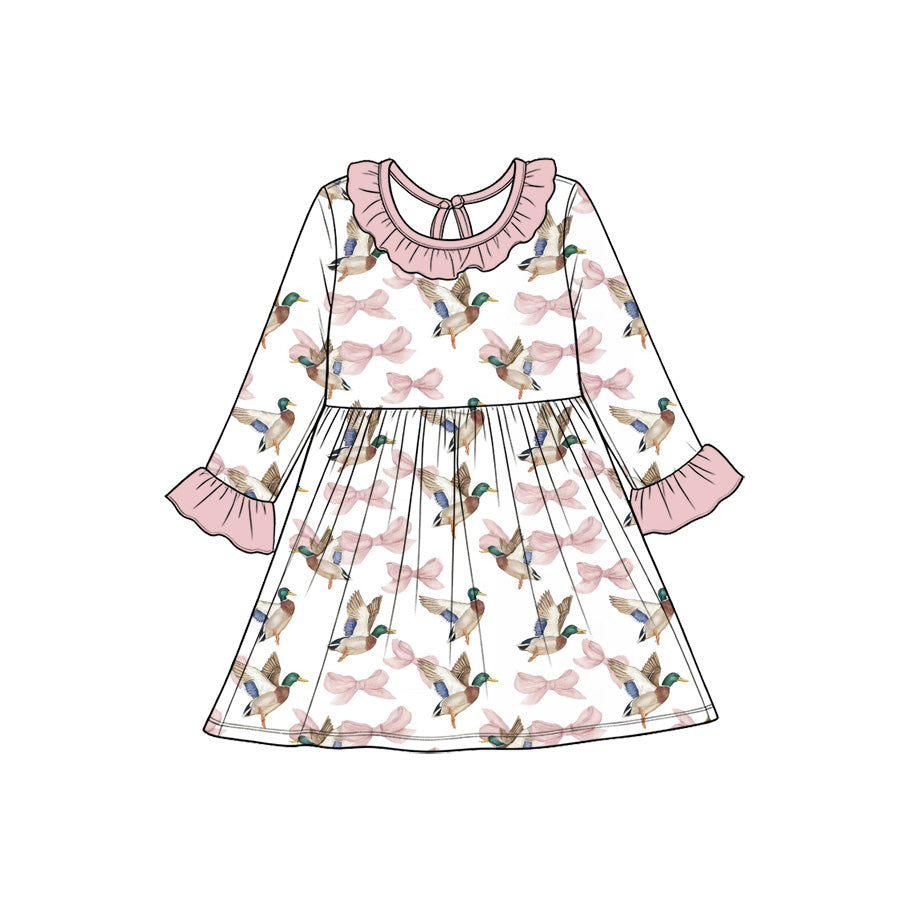 Preorder (moq 5) Baby Girl Mallard Duck Pink Bow Print Long Sleeve Ruffle Collar Cuff Twirl Dress