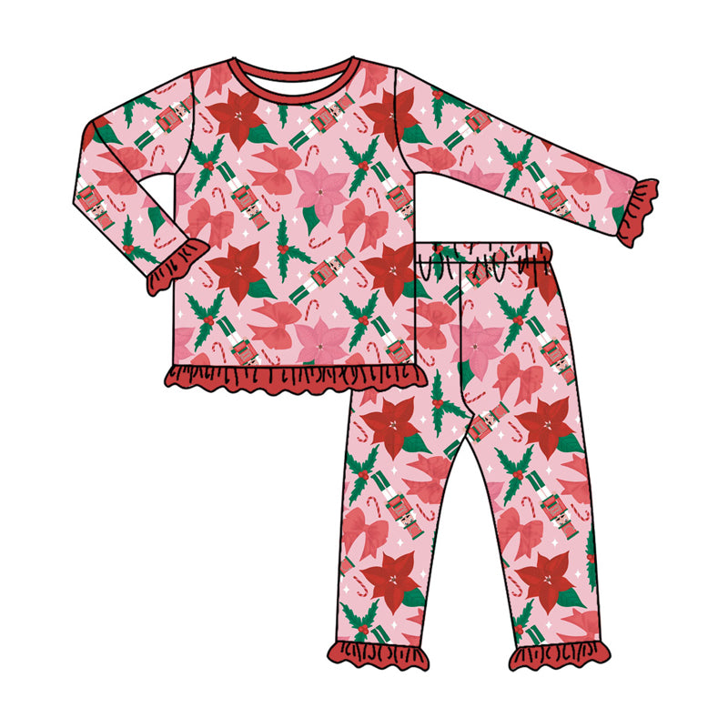 Preorder (moq 5)Baby Girls Red Soldiers Holly Bows Top Ruffle Pants Christmas Pajamas Sets