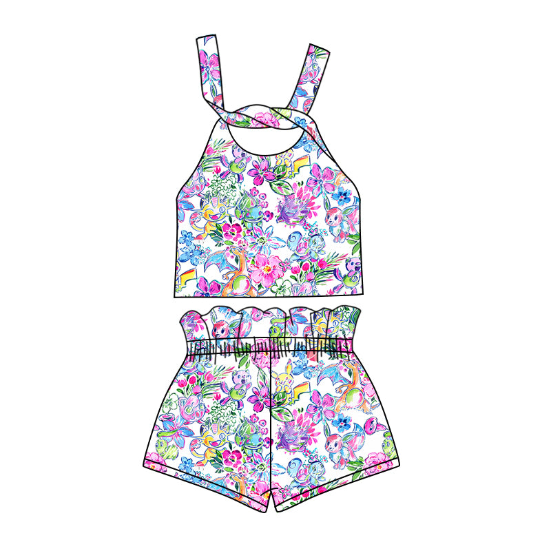 Preorder (moq 5)Baby Girls Cartoon Flowers Straps Top Shorts Clothes Sets