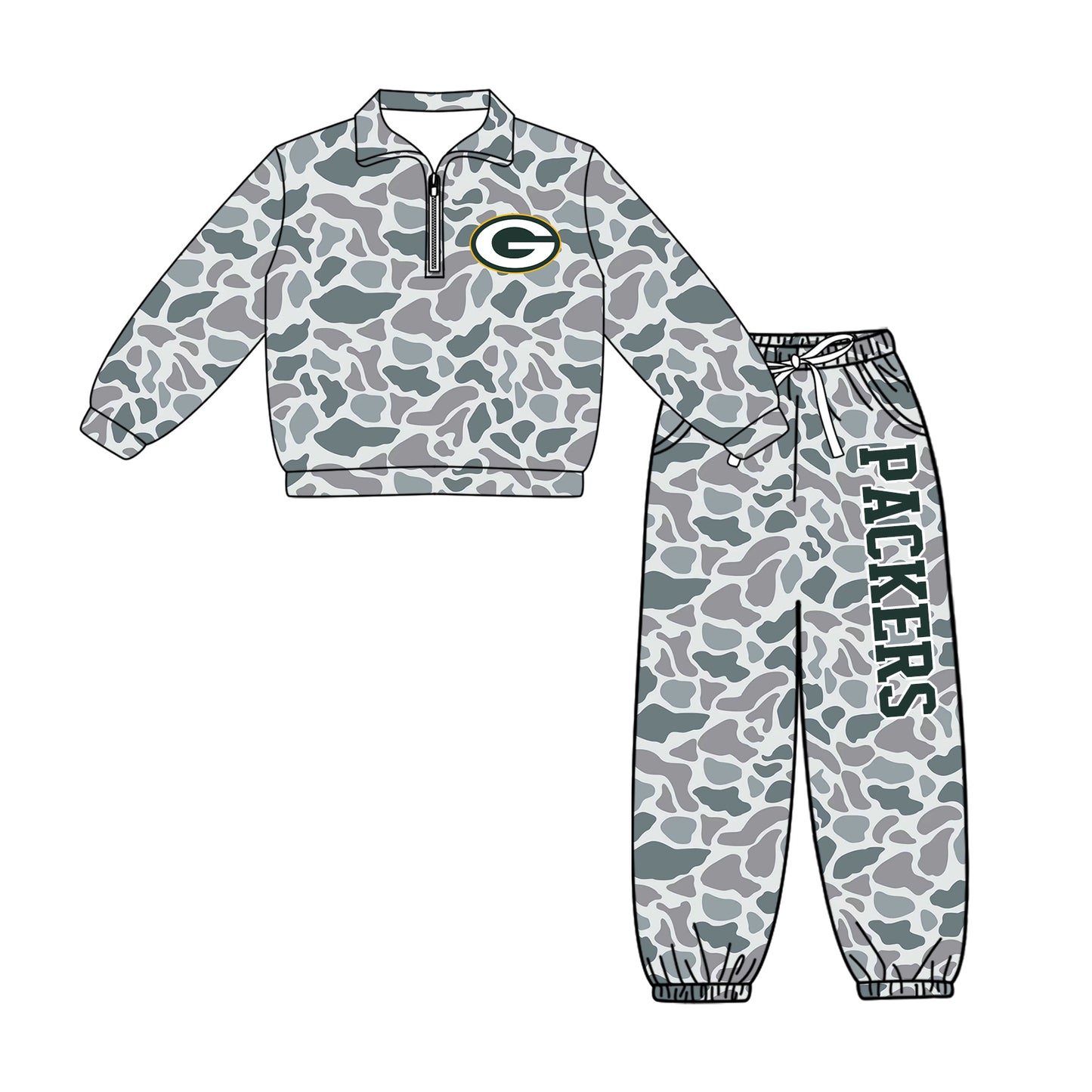 Preorder(moq 5)Baby Boys Grey Camo Packers Zip Pullover Pockets Joggers Team Clothes Sets