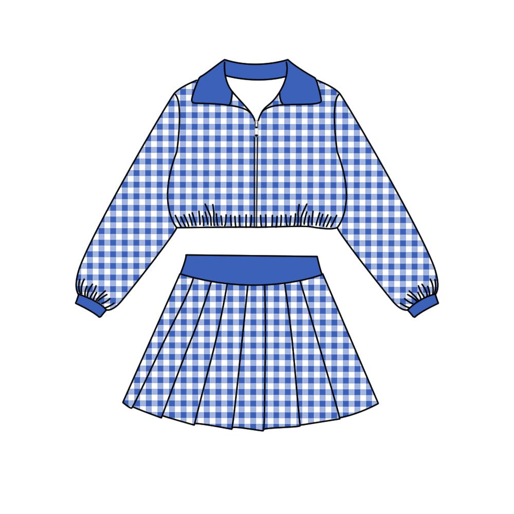 Preorder (moq 5)Baby Girls Long Sleeve Blue Checked Zip Pullovers Skirt Short Clothes Set