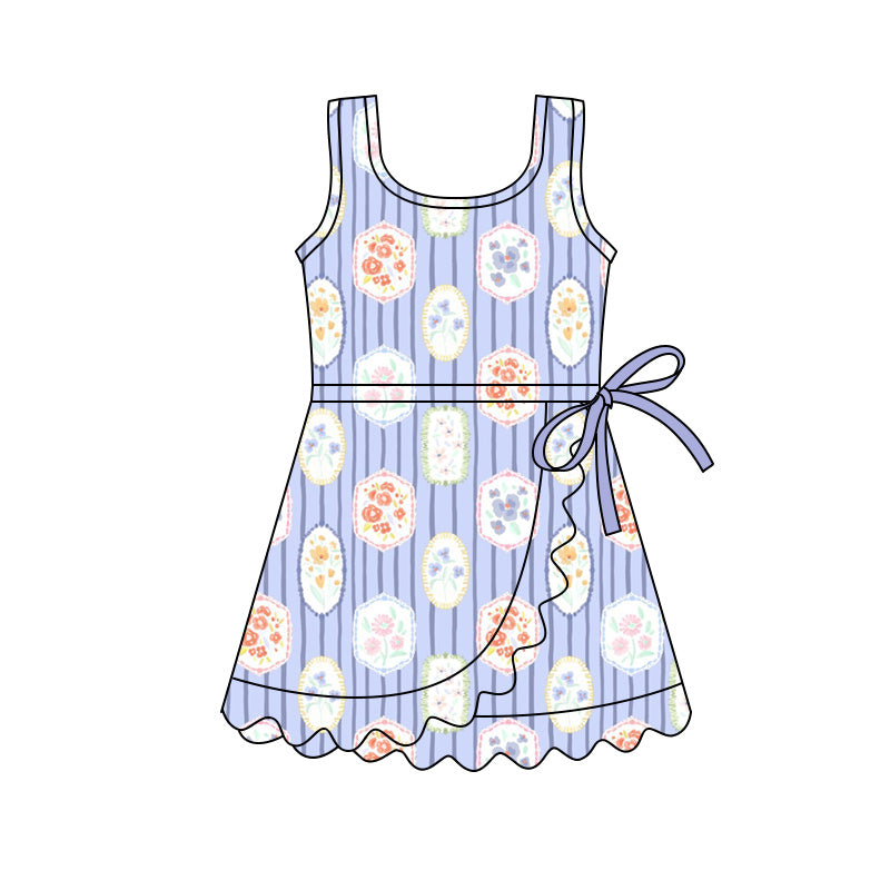 Preorder (moq 5)Baby Girls Sleeveless Purple Stripe Flowers Scallop Short Knee Length Dresses