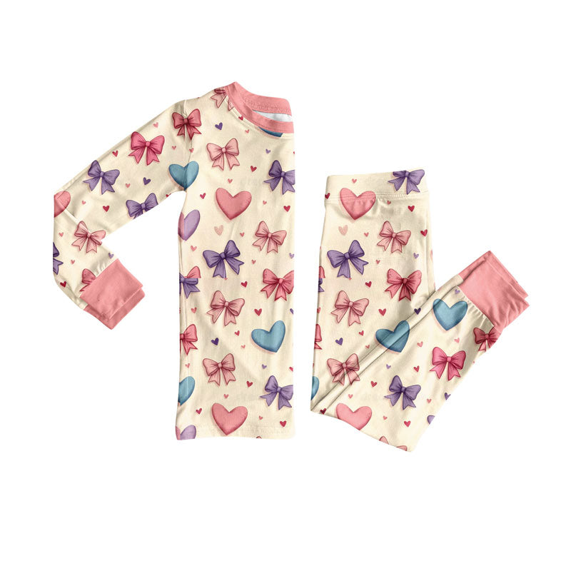 Preorder(moq 8)Baby Girls Long Sleeve Colorful Bows Hearts Top Pants Valentine Pajamas Sets