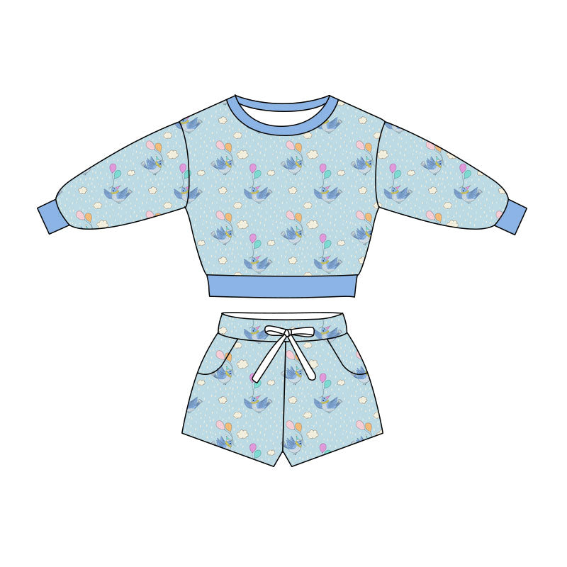Preorder(moq 5) Baby Boys Blue Birds Balloons Long Sleeve Pockets Shorts Clothes Sets