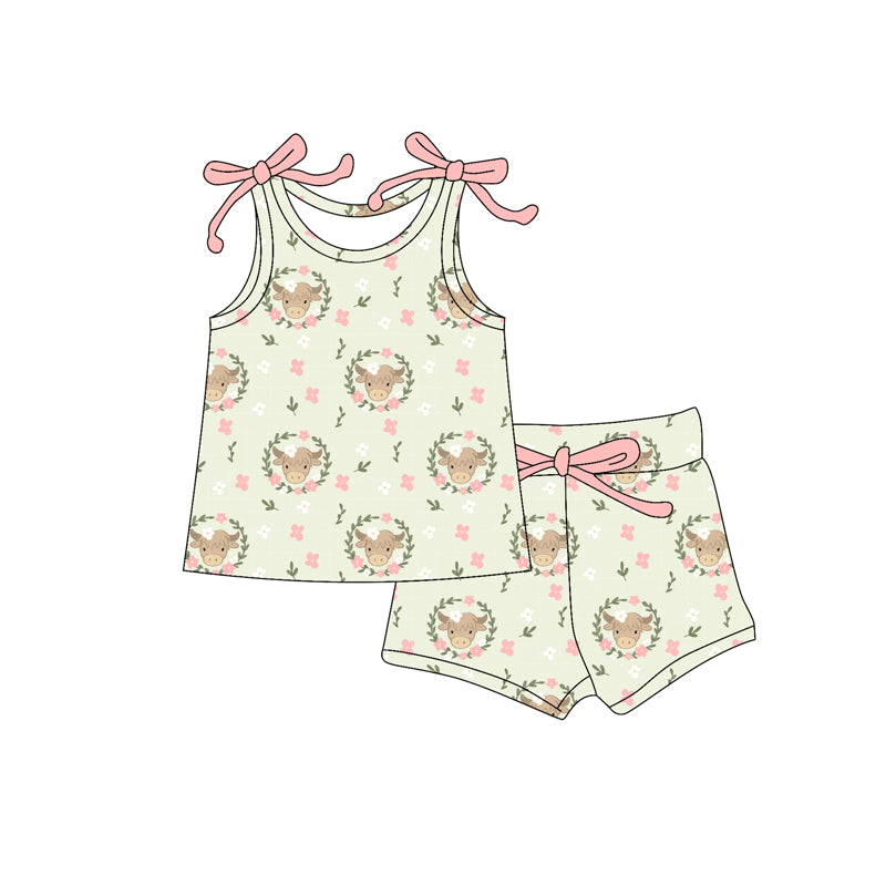 Preorder (moq 5)Baby Girls Bows Sleeveless Highland Flowers Plaid Top Shorts Set