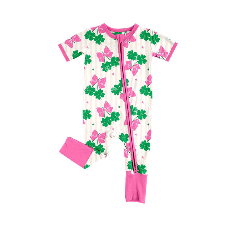 Preorder(moq 8)Baby Girls Pink Stripe Clovers Bows St Patrick Zipper Footie Rompers