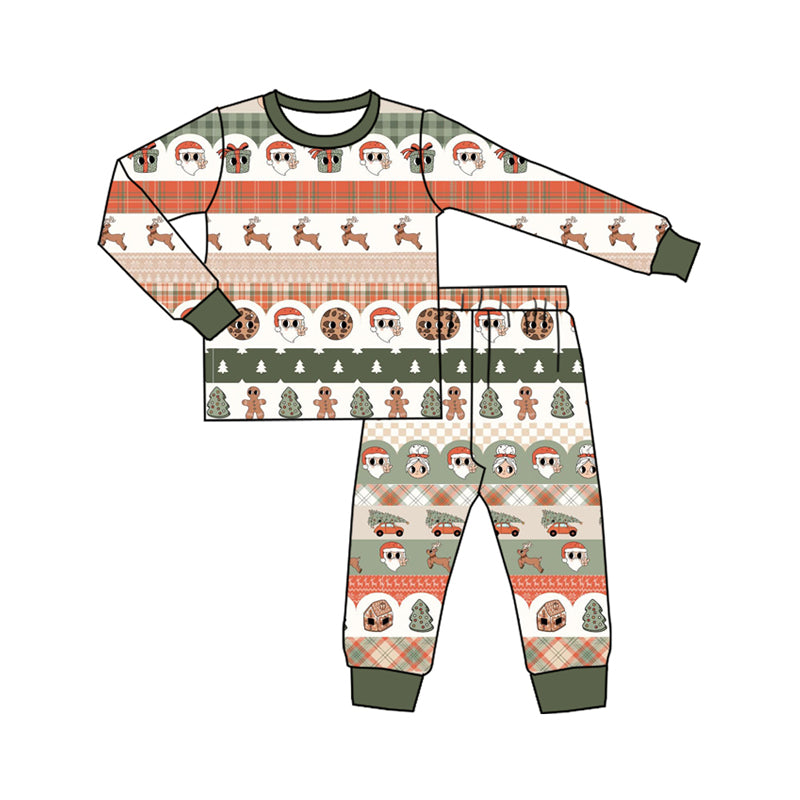 Preorder (moq 5)Baby Boys Green Long Sleeves Santa Gift Deer Stripe Top Pant Pajamas Set