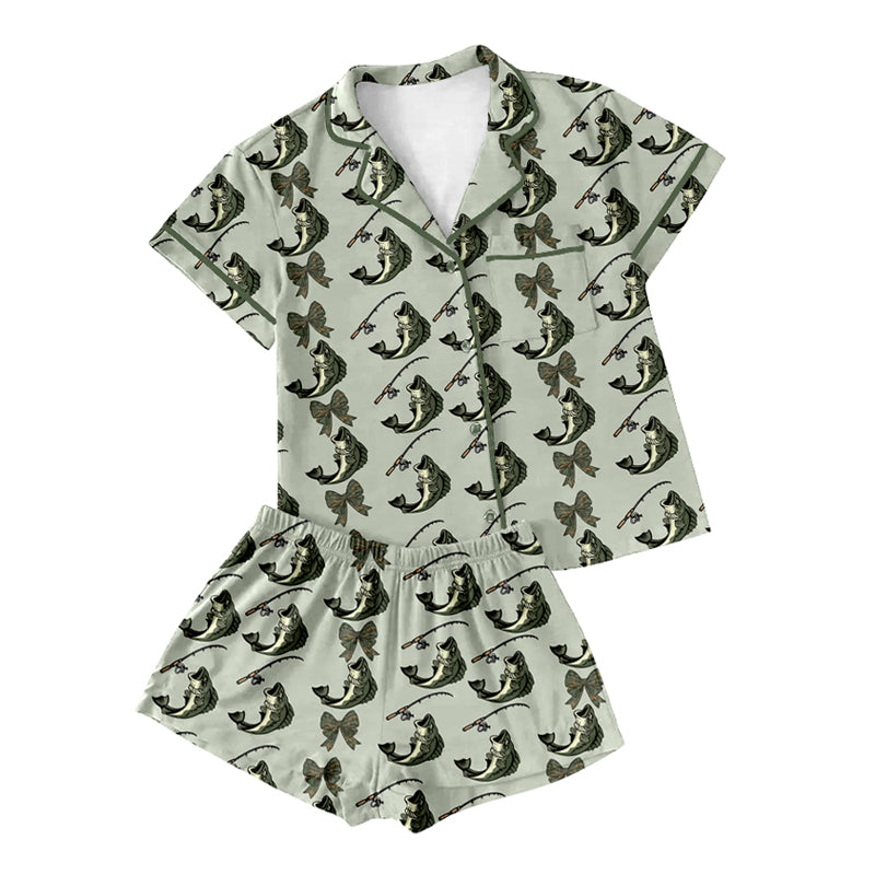 Preorder(moq 5)Adult Women Green Short Sleeves Button Pocket Fishes Top Short Pajamas Set